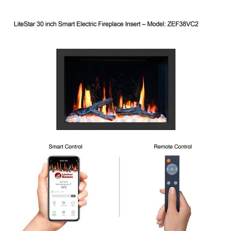 Litedeer Electric Fireplace Insert LiteStar 30-in smart electric fireplace insert with wifi crackling fire sounds crystal media, Black - ZEF38VCII ZEF38VCII