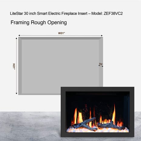 Litedeer Electric Fireplace Insert LiteStar 30-in smart electric fireplace insert with wifi crackling fire sounds crystal media, Black - ZEF38VCII ZEF38VCII