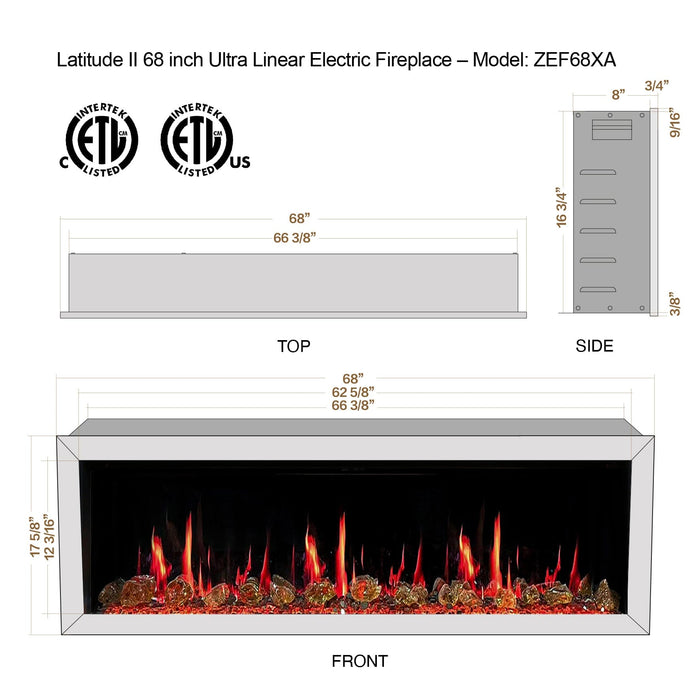 Litedeer Electric Fireplace Litedeer Latitude 68-in Smart Wall Mounted Electric Fireplace with Wifi Amber Glass - ZEF68XA ZEF68XA