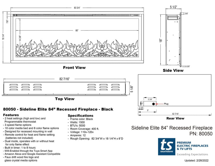 Touchstone Electric Fireplace Sideline Elite Smart 80050 84" WiFi-Enabled Recessed Touchstone Electric Fireplace (Alexa/Google Compatible) 80050